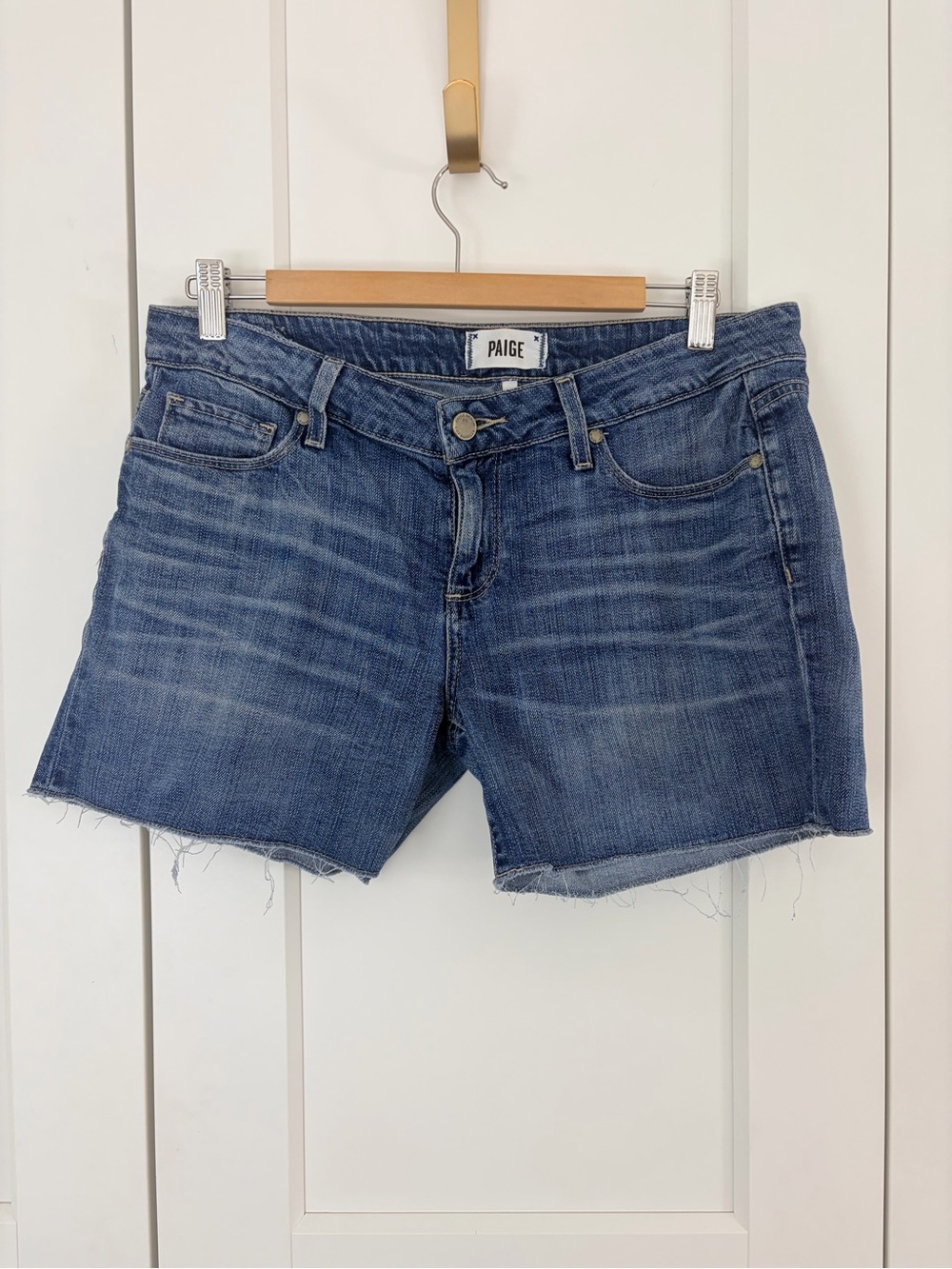 PAIGE Jimmy Jimmy Denim Cutoff Shorts in Medium Blue | 28